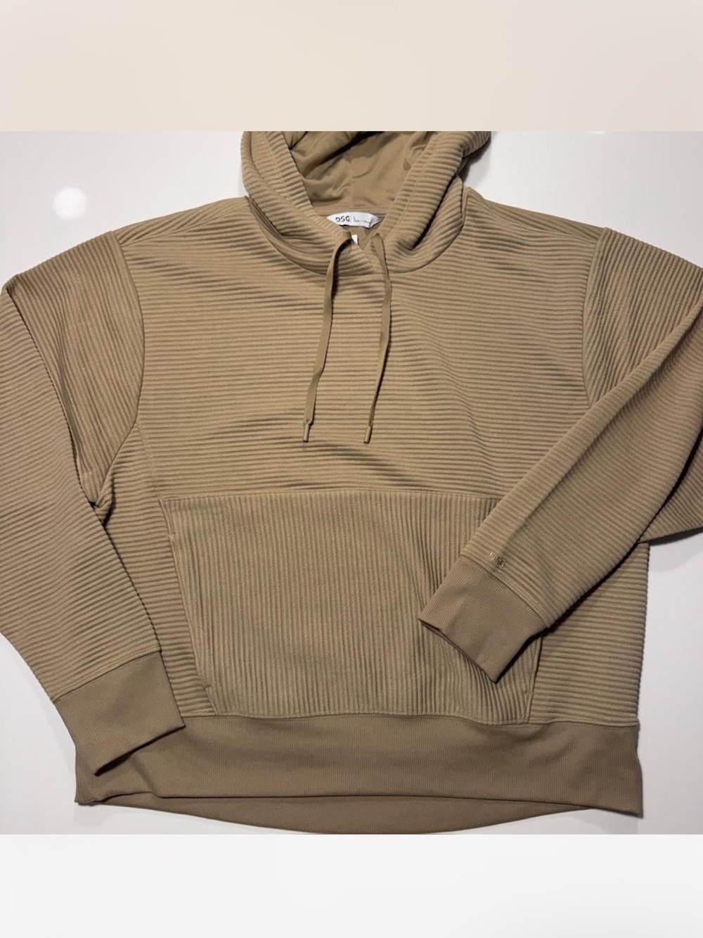 DSG Ribbed Hooded Pullover Sweatshirt in Tan